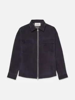 FRAME Clean Suede Zip Shirt in Dark Navy< Leather & Suede