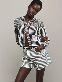 FRAME Compact Stripe Cardi in Navy Multi<Women Sweaters