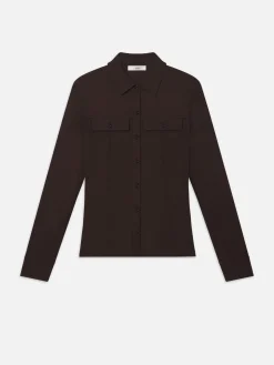 FRAME Jersey Button Up Shirt in Chocolate Brown<Women Tops & Blouses