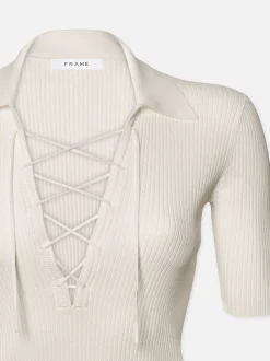 FRAME Lace Up Sweater Polo in Off White<Women Tops & Blouses