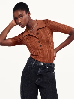 FRAME Laddered Rib Polo in Light Camel<Women Tops & Blouses