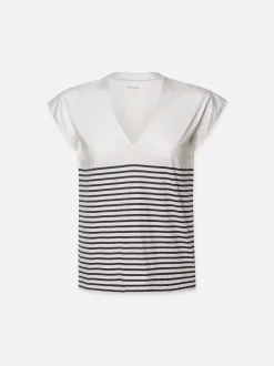 FRAME Le Mid Rise V Neck Tee in Navy Multi<Women Tanks & Tees