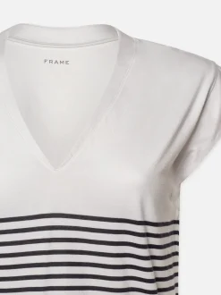 FRAME Le Mid Rise V Neck Tee in Navy Multi<Women Tanks & Tees