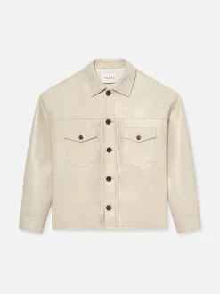 FRAME Leather Trucker Jacket in White Canvas< Leather & Suede|Jackets & Coats