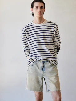 FRAME Long Sleeve Relaxed Striped Tee in Dark Navy Stripe< Tees & Polos