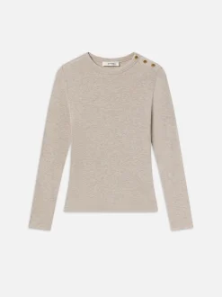 FRAME Long Sleeve Rib Button Crew in Oatmeal Heather<Women Tanks & Tees