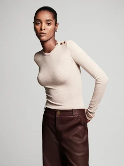 FRAME Long Sleeve Rib Button Crew in Oatmeal Heather<Women Tanks & Tees