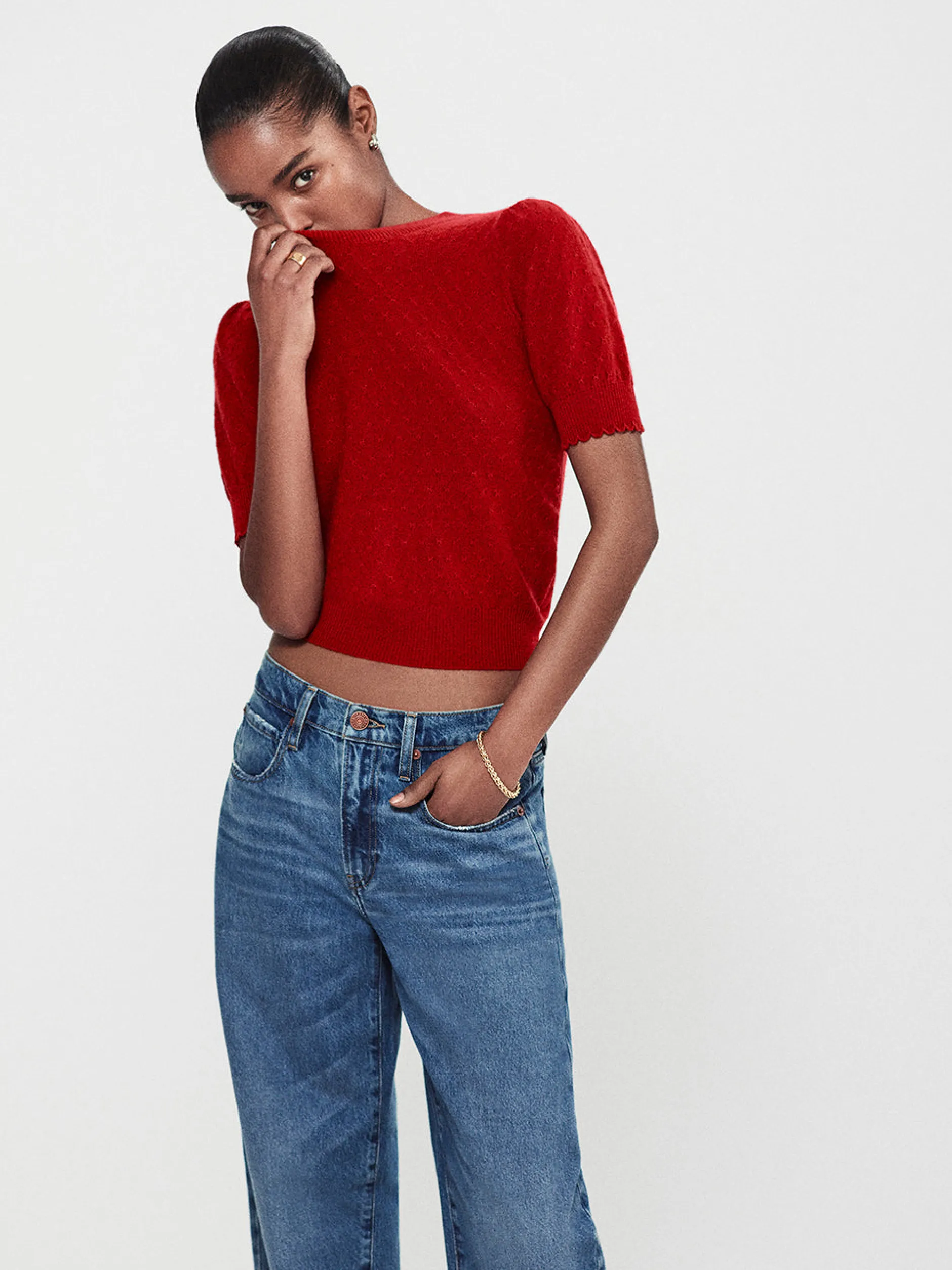 FRAME Pointelle Puff Sleeve Sweater in<Women Sweaters