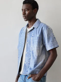 FRAME Printed Denim Leather Shirt in< Leather & Suede