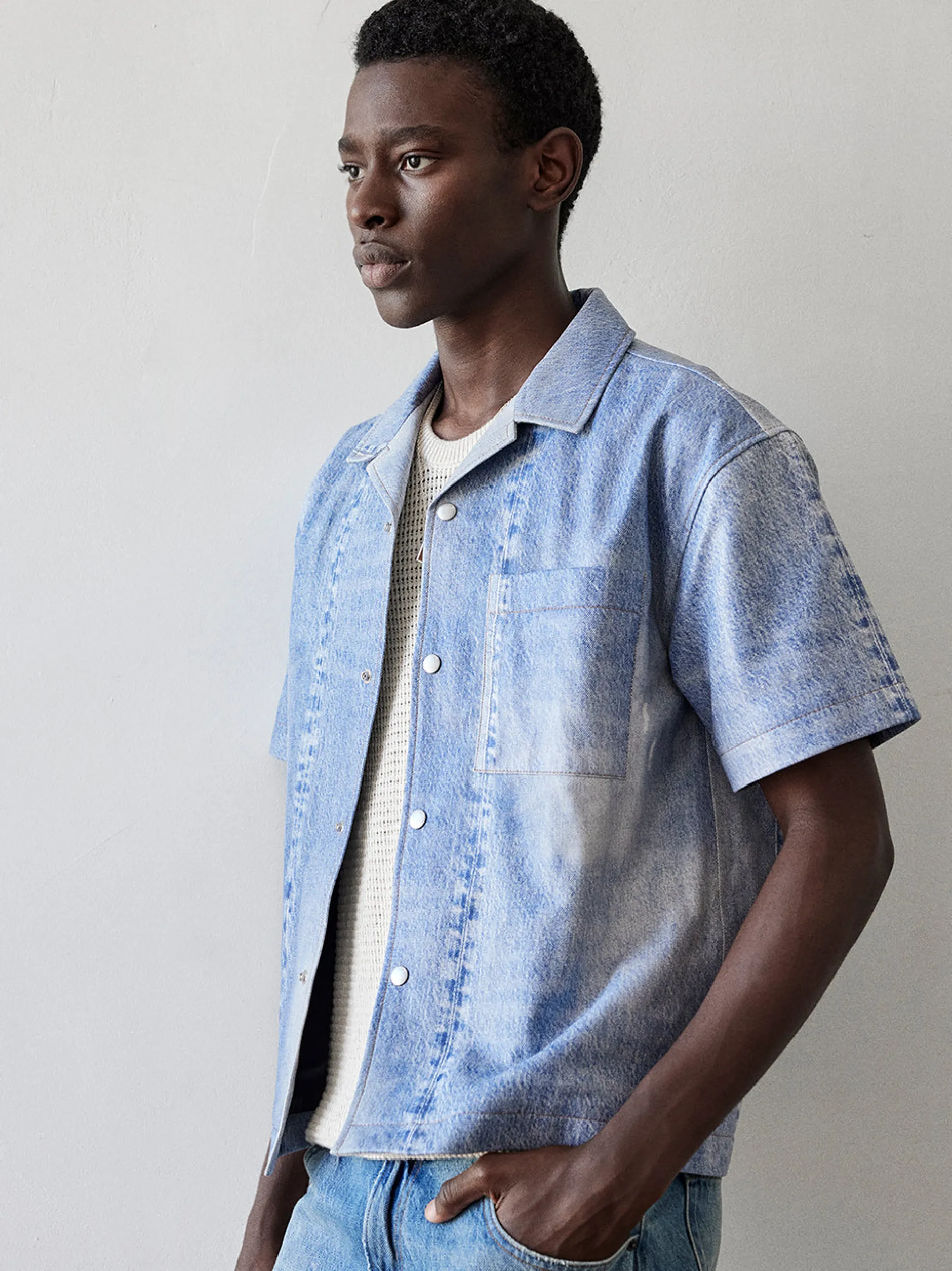FRAME Printed Denim Leather Shirt in< Leather & Suede