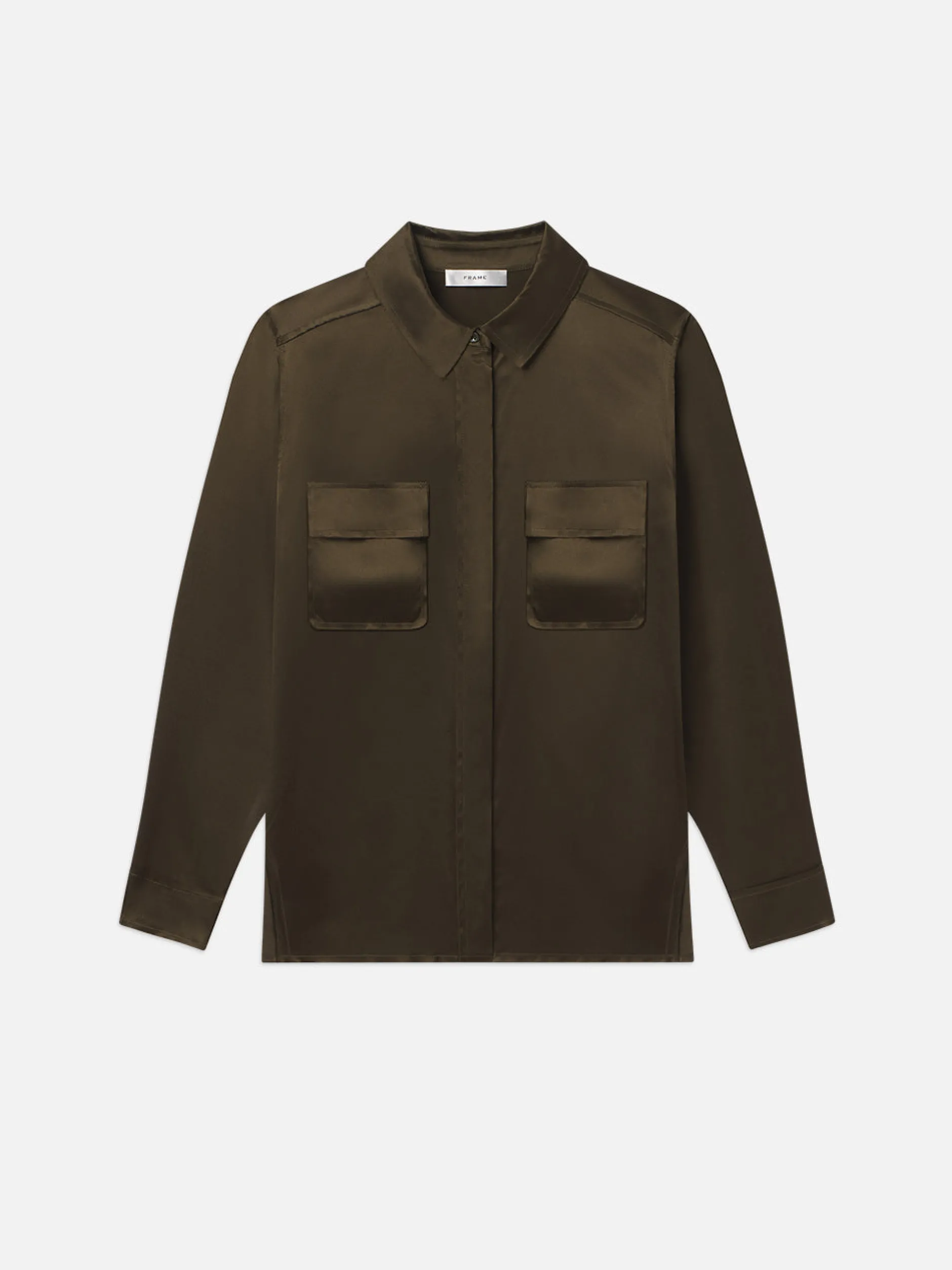 FRAME Raw Edge Double Pocket Shirt in Rich Military<Women Tops & Blouses