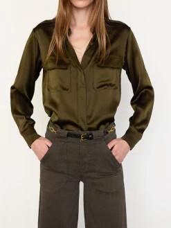FRAME Raw Edge Double Pocket Shirt in Rich Military<Women Tops & Blouses