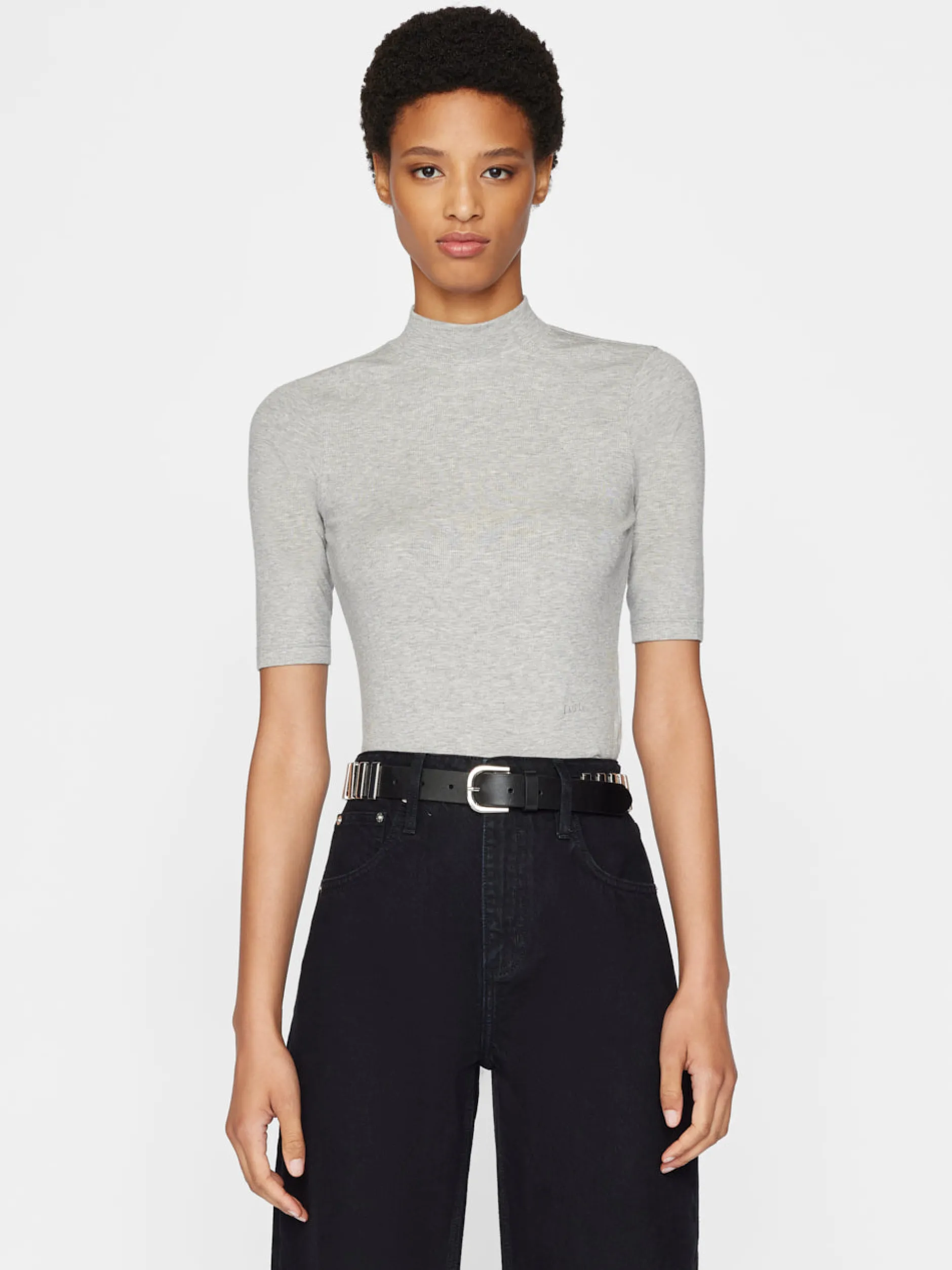 FRAME Refined Rib Mock Neck in Gris Heather<Women Tanks & Tees