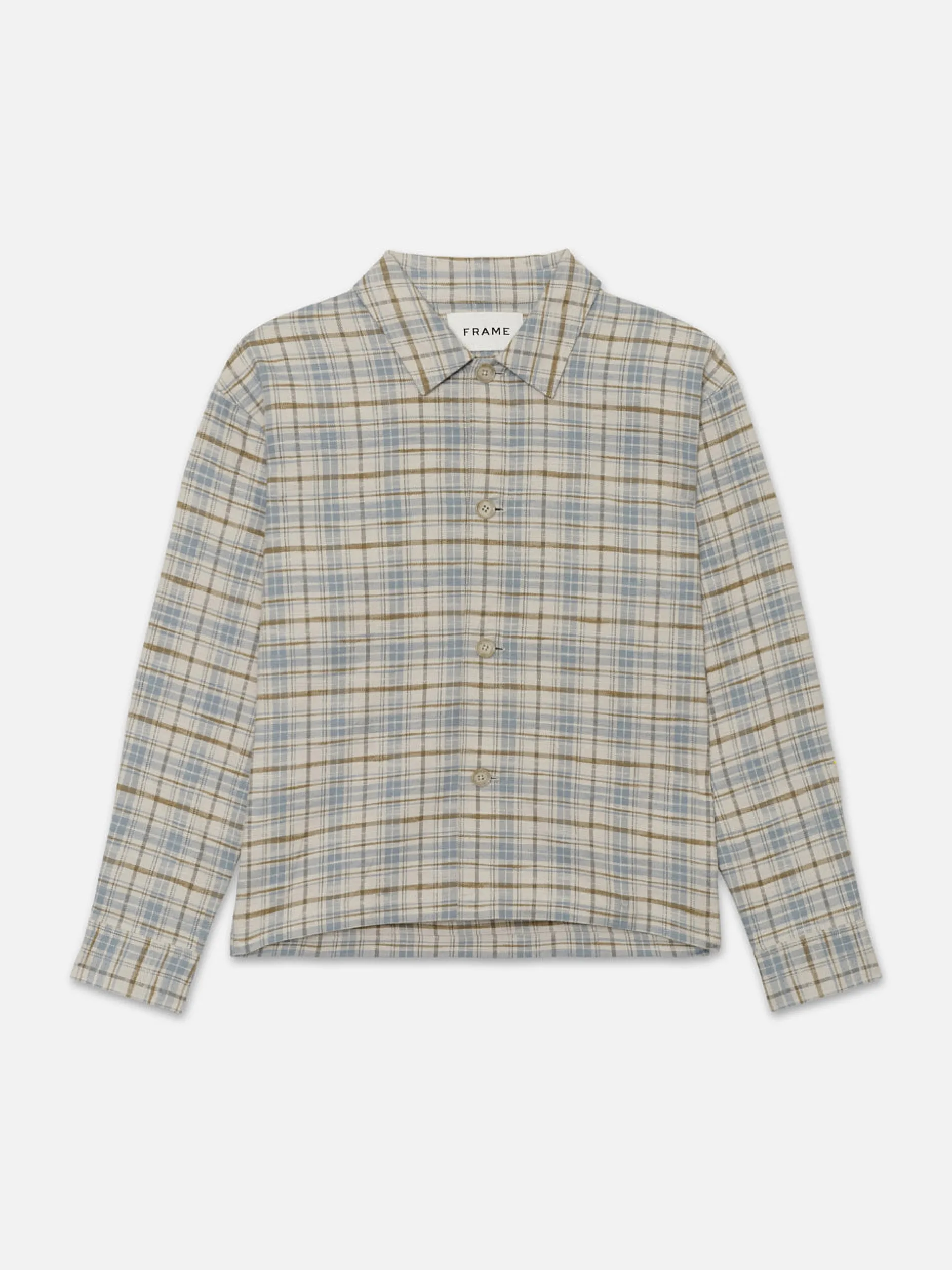 FRAME Relaxed Plaid Shirt Jacket in Light Blue Plaid< Jackets & Coats