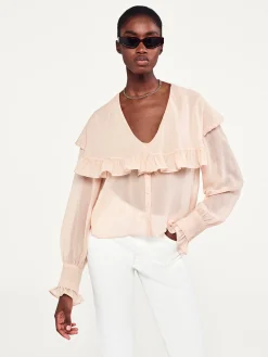 FRAME Sheer Ruffle Blouse in Light Petal<Women Tops & Blouses