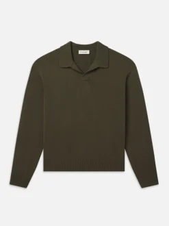 FRAME Silk Blend Polo Sweater in Dark Olive< Sweaters & Hoodies