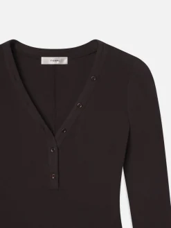 FRAME Slinky Long Sleeve Rib Henley in Chocolate Brown<Women Tanks & Tees