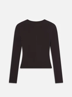 FRAME Slinky Long Sleeve Rib Henley in Chocolate Brown<Women Tanks & Tees