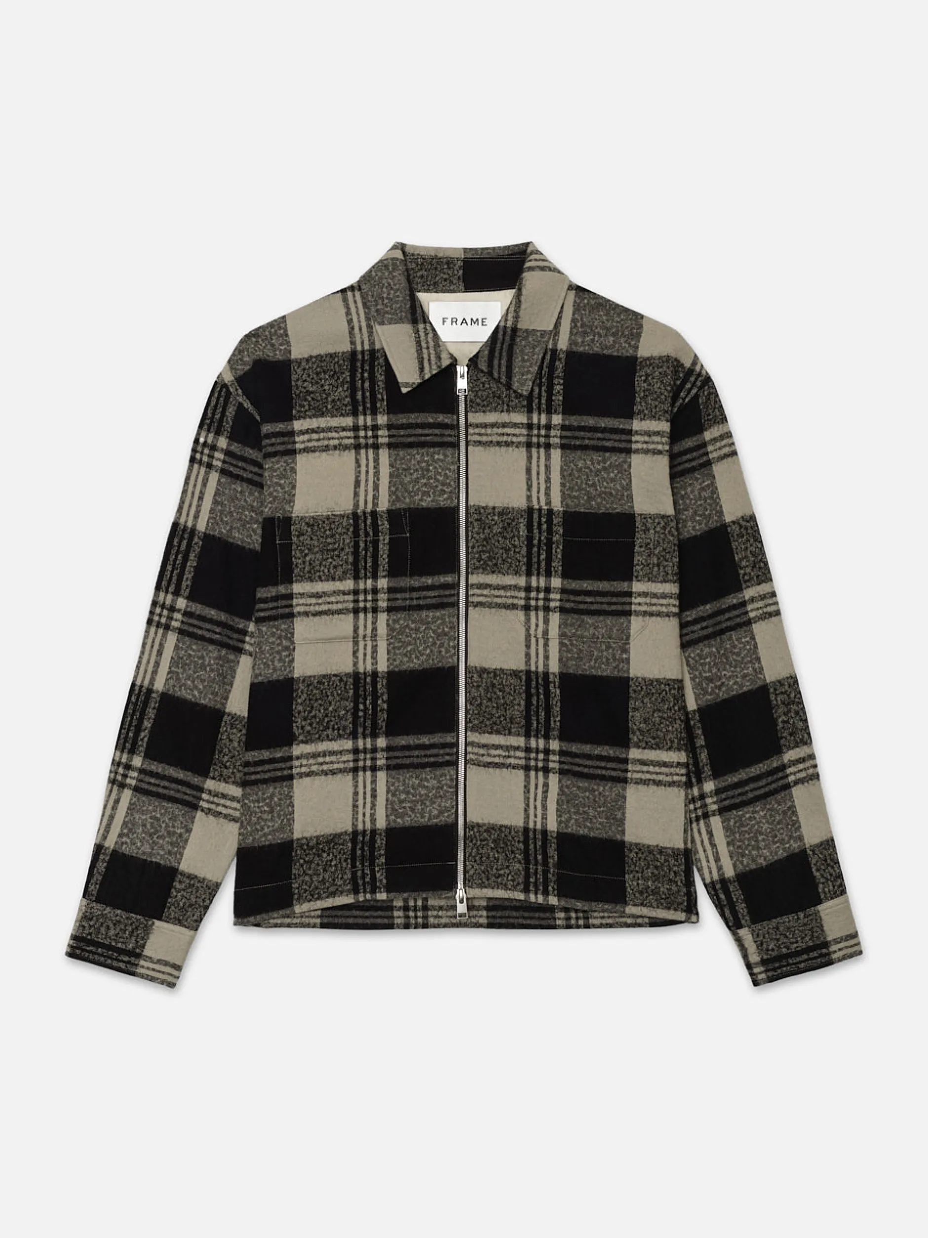 FRAME Spring Plaid Zip Shirt Jacket in Smoke Beige/Noir< Jackets & Coats