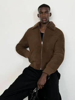 FRAME Suede Shearling Bomber in Dark Camel< Leather & Suede|Jackets & Coats