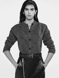 FRAME Textured Stitch Cardigan in Dark Gris Heather<Women Sweaters