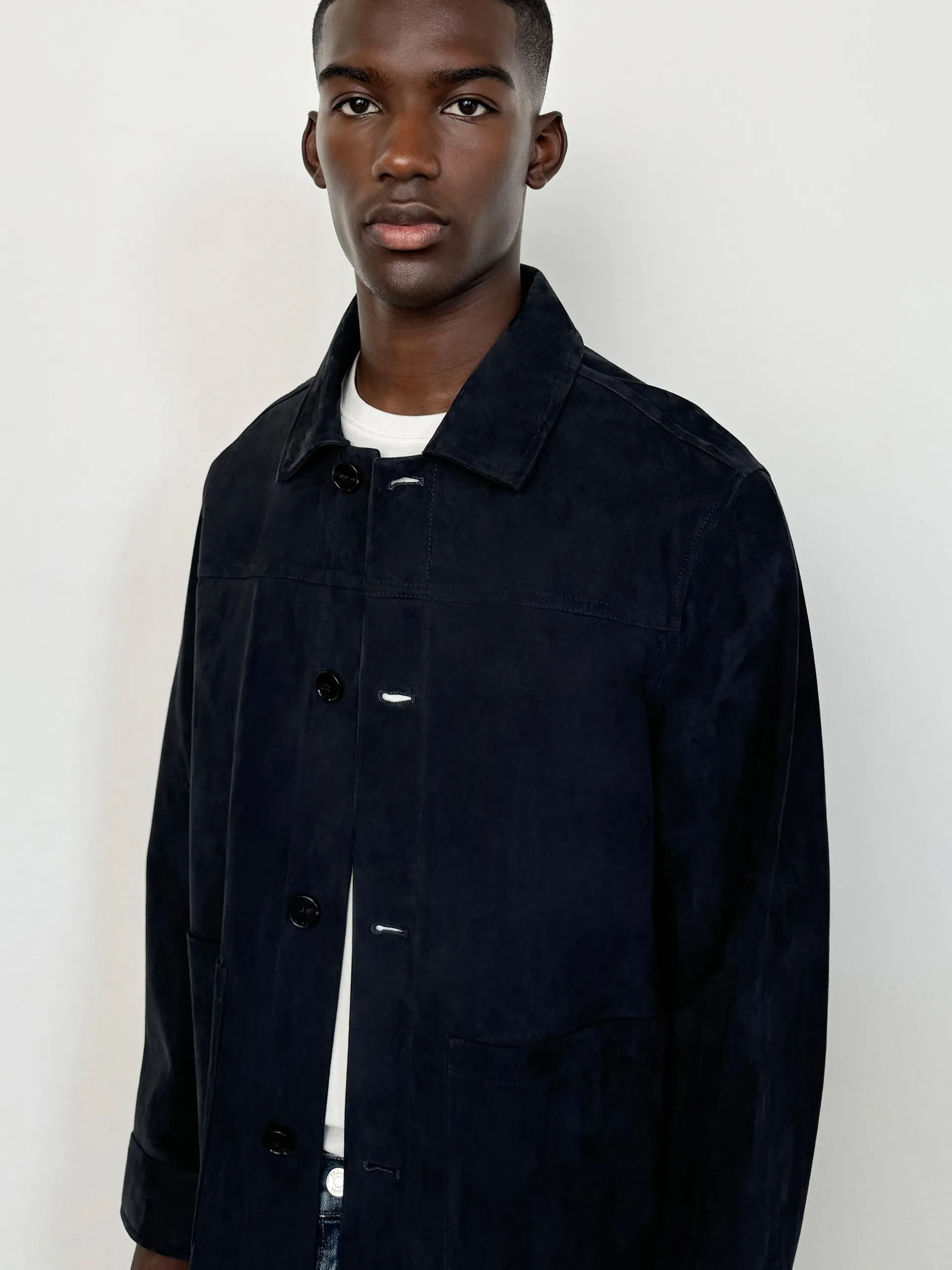 FRAME Unlined Suede Chore Coat in Dark Navy< Leather & Suede|Jackets & Coats