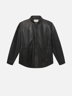 FRAME Washed Leather Shirt in Black Washed< Leather & Suede|Jackets & Coats