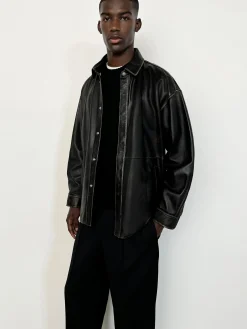 FRAME Washed Leather Shirt in Black Washed< Leather & Suede|Jackets & Coats